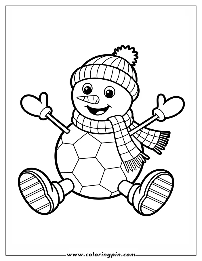 Outline of a cheerful snowman with a soccer ball body, wearing a winter hat, scarf, and mittens.