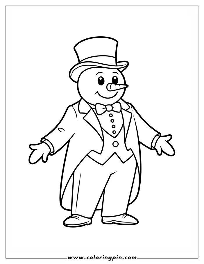 Line art of a cheerful snowman wearing a top hat, a tailcoat, and a bow tie.