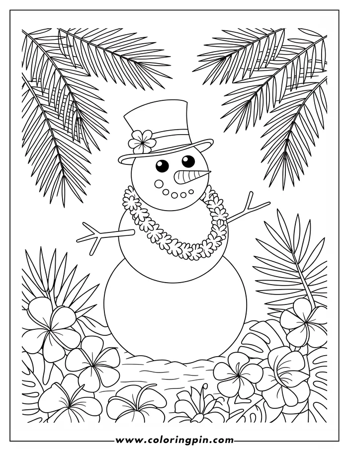 Outline of a snowman wearing a top hat and lei, surrounded by tropical flowers and palm leaves.