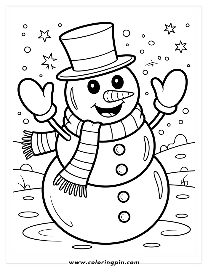 Outline of a smiling snowman wearing a top hat and scarf in a winter scene.