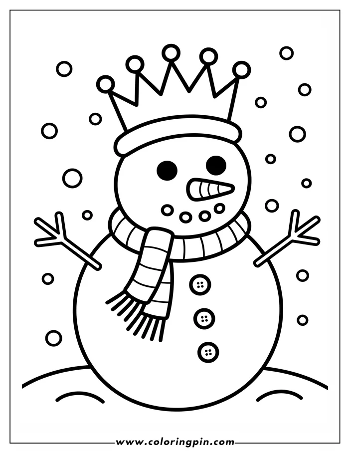 Outline of a snowman wearing a crown and a striped scarf, with snow falling around it.