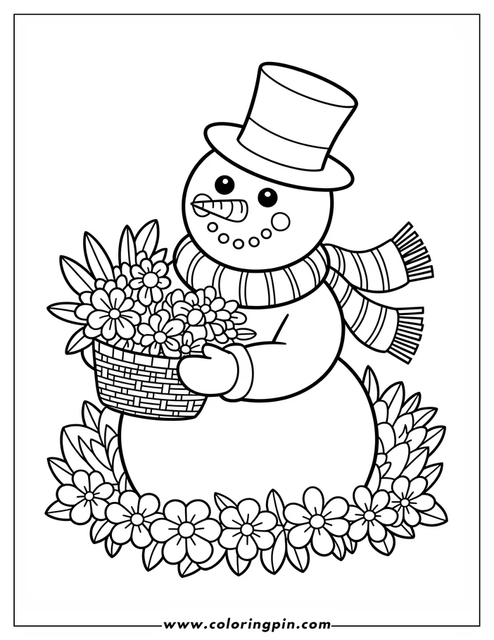 Outline of a snowman holding a basket of flowers, wearing a top hat and scarf, surrounded by a floral border.