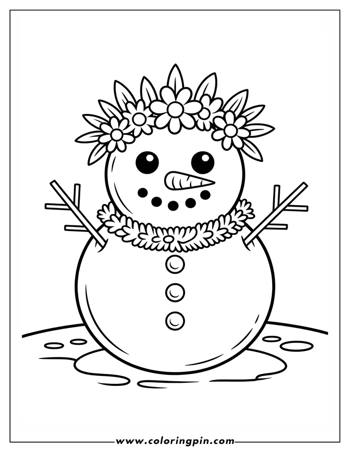 Outline of a snowman with two flower crowns, a carrot nose, and twig arms.