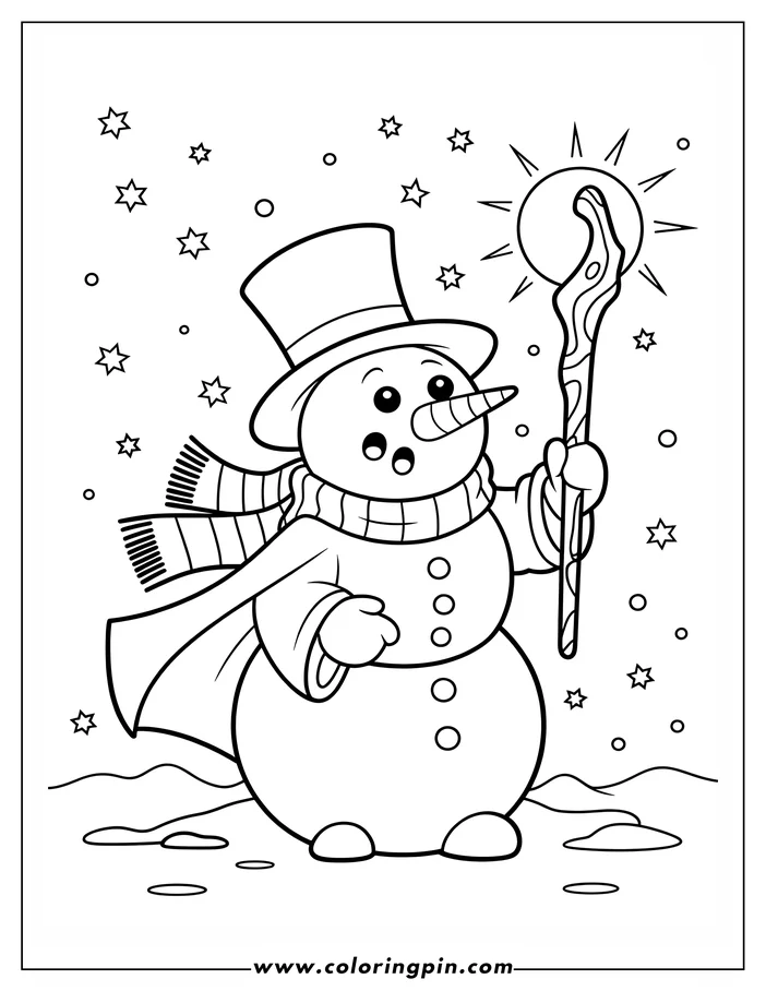 Outline of a snowman holding a magic wand, with snowflakes and circles floating around it. He is wearing a top hat and scarf.