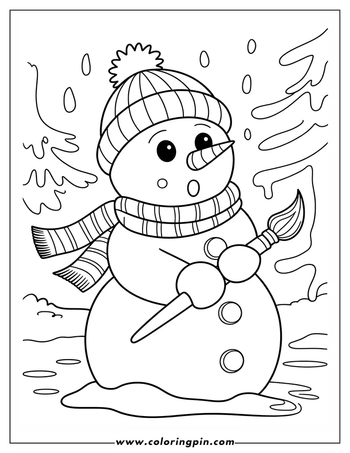 Outline of a snowman holding a paintbrush, standing in a snowy winter scene with snowdrifts and snowflakes.