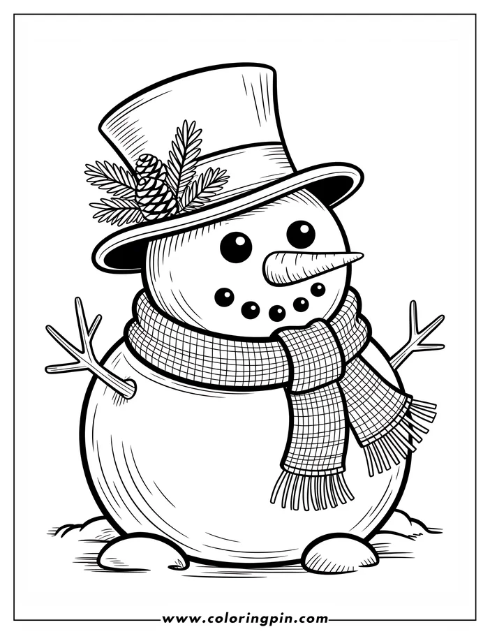 Outline of a snowman wearing a top hat with pine cone and fir sprig, a checkered scarf, and a carrot nose.