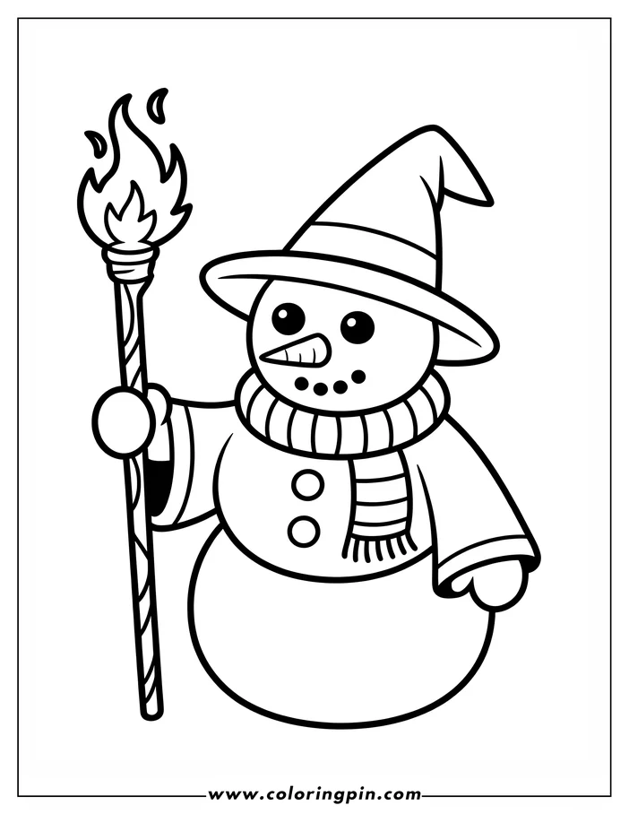 Outline of a friendly snowman holding a torch. He's wearing a pointy hat and a striped scarf.