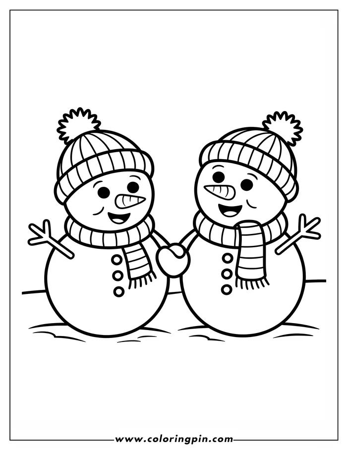 Two snowmen holding hands, wearing hats and scarves.