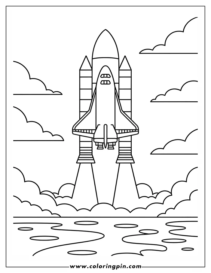 Line art of a space shuttle launching from a base with clouds and the ocean visible.