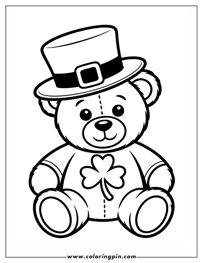 Line art of a teddy bear wearing a St. Patrick's Day hat and a shamrock on its chest, a simple design ready for coloring.