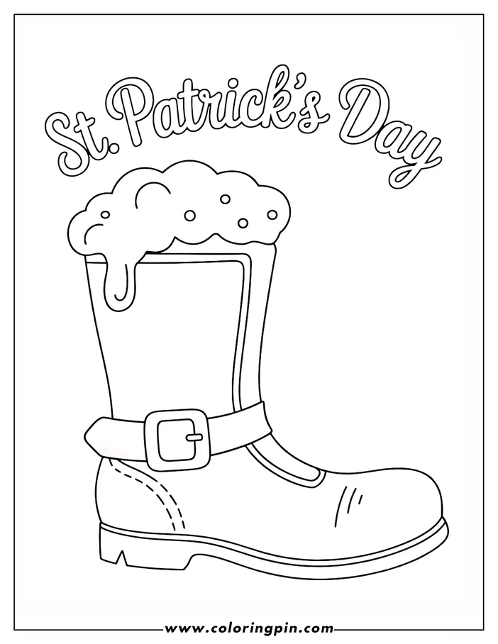Line art of a beer boot overflowing with foam, labeled "St. Patrick's Day," designed as a coloring page.