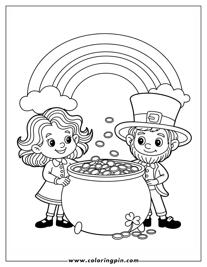 Line art of St. Patrick's Day characters: A girl and a leprechaun stand beside a pot overflowing with gold coins, with a rainbow in the background. This is a coloring sheet design ready for printing.