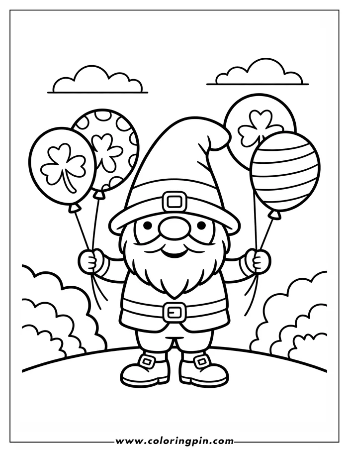 Line art of a gnome holding three balloons, two with shamrocks, ready for St. Patrick's Day coloring. This coloring sheet design shows the gnome in a simple, friendly style.
