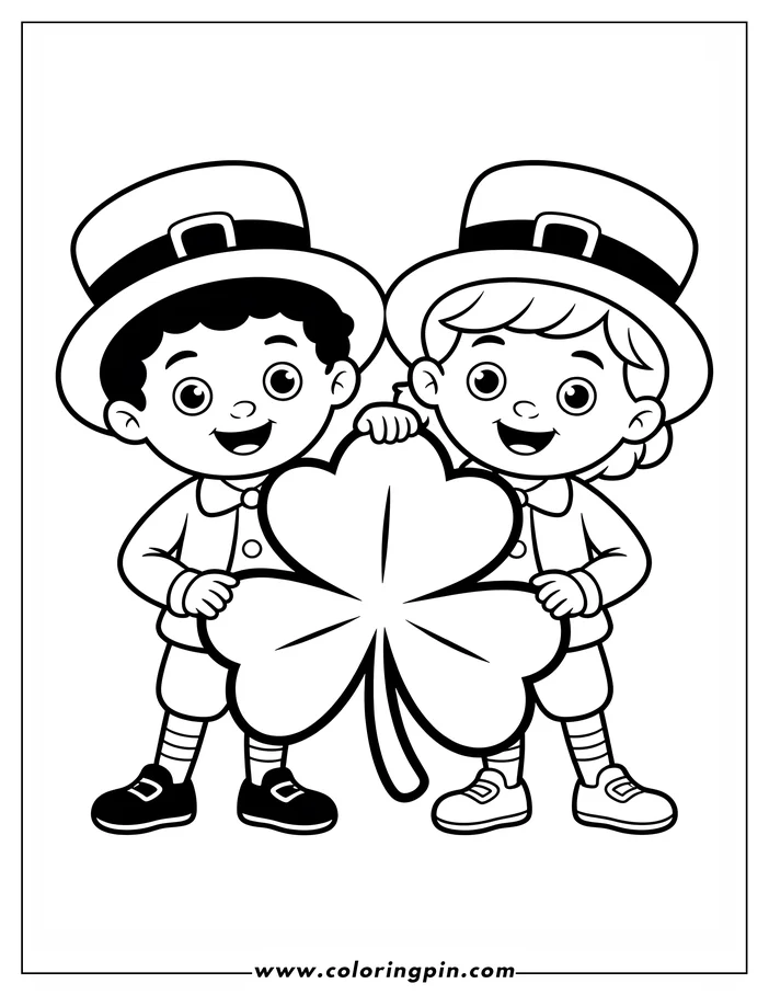 Line art depicting two children in leprechaun hats, holding a large shamrock, a symbol of St. Patrick's Day.  The happy kids are dressed for the holiday, ready for coloring.