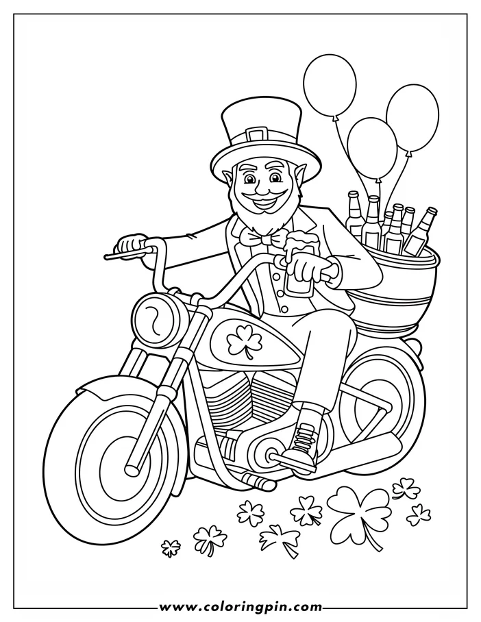 Line art of a leprechaun riding a motorcycle with beer bottles in a sidecar, holding a beer mug and smiling, with shamrocks and balloons, designed as a St. Patrick's Day coloring sheet.