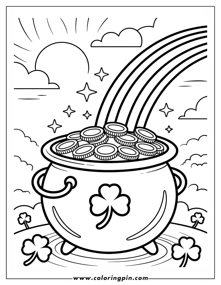 Line art illustration of a pot of gold overflowing with coins, with a rainbow pouring coins into it.  A shamrock decorates the pot, and additional shamrocks grow nearby on the ground. Clouds, stars, and a stylized sun complete the scene in this St. Patrick's Day coloring sheet design.