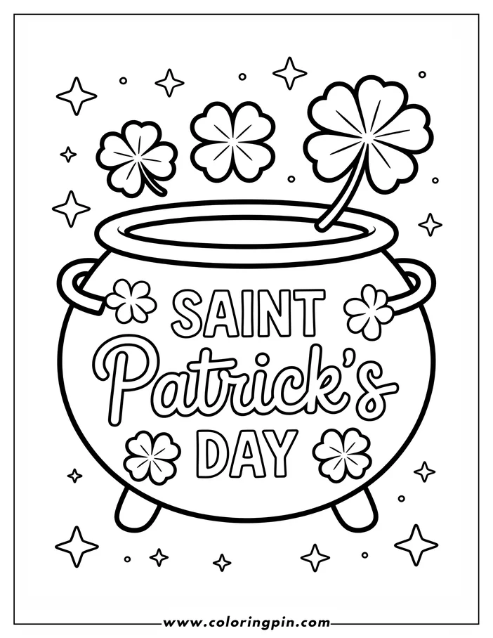 A St. Patrick's Day coloring page design features a pot with "Saint Patrick's Day" written on it. Shamrocks and clovers float above, adding to the holiday theme.