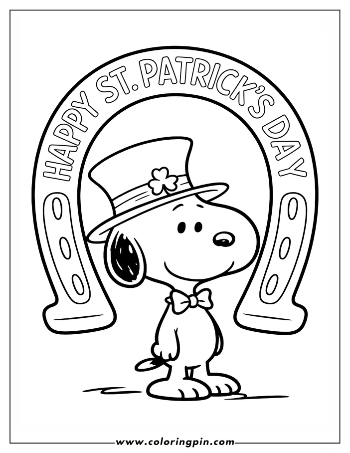 Line art of Snoopy wearing a St. Patrick's Day leprechaun hat with a shamrock and a bow tie, standing under a horseshoe that reads "Happy St. Patrick's Day," designed as a coloring page.