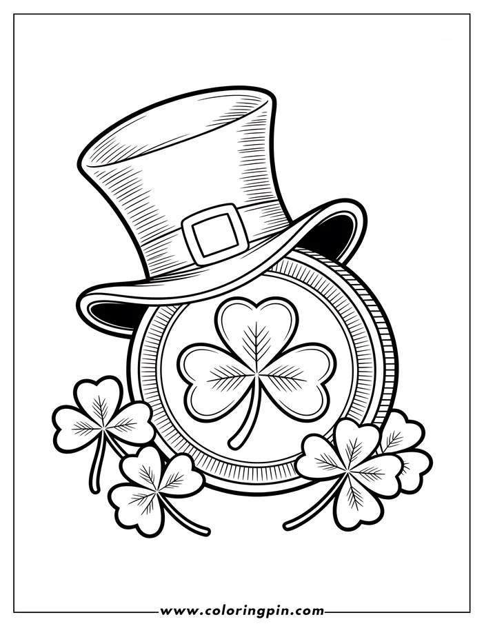 Line art illustration of St. Patrick's Day symbols. A leprechaun hat rests on a coin with a shamrock, and two more shamrocks are positioned on either side. This is a coloring sheet design.