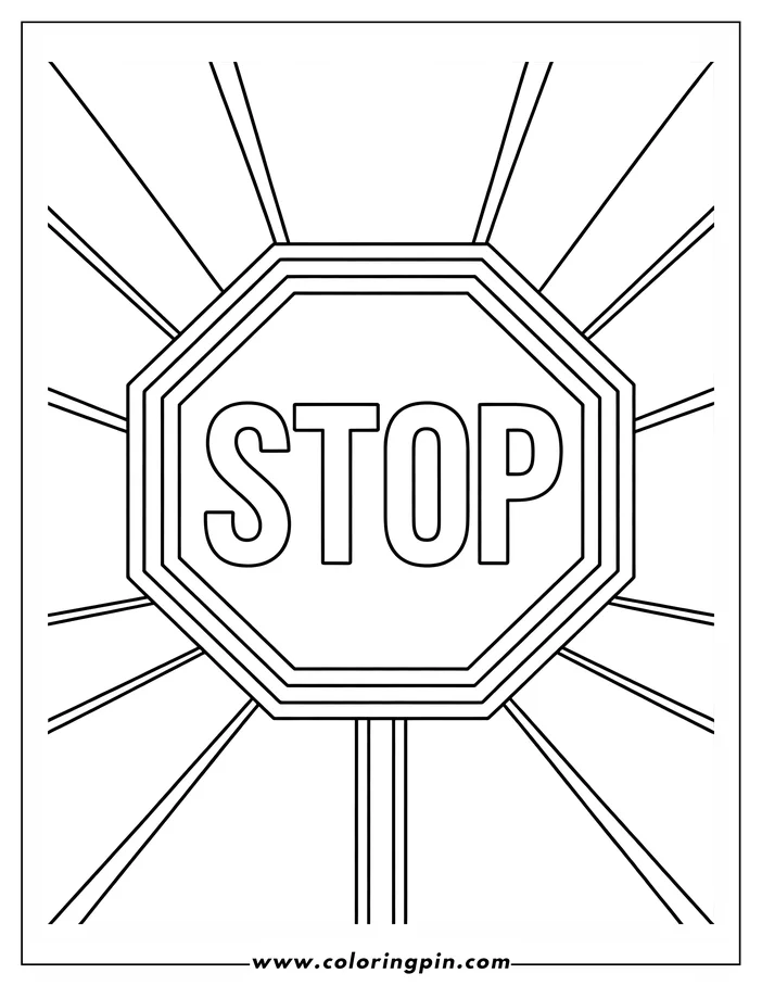 Line art of a stop sign with radiating lines in the background.