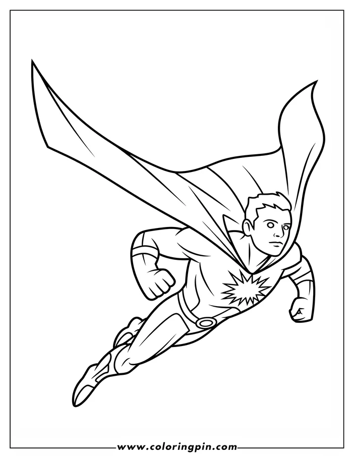 Line art of a superhero flying, wearing a cape and a costume with a starburst design.