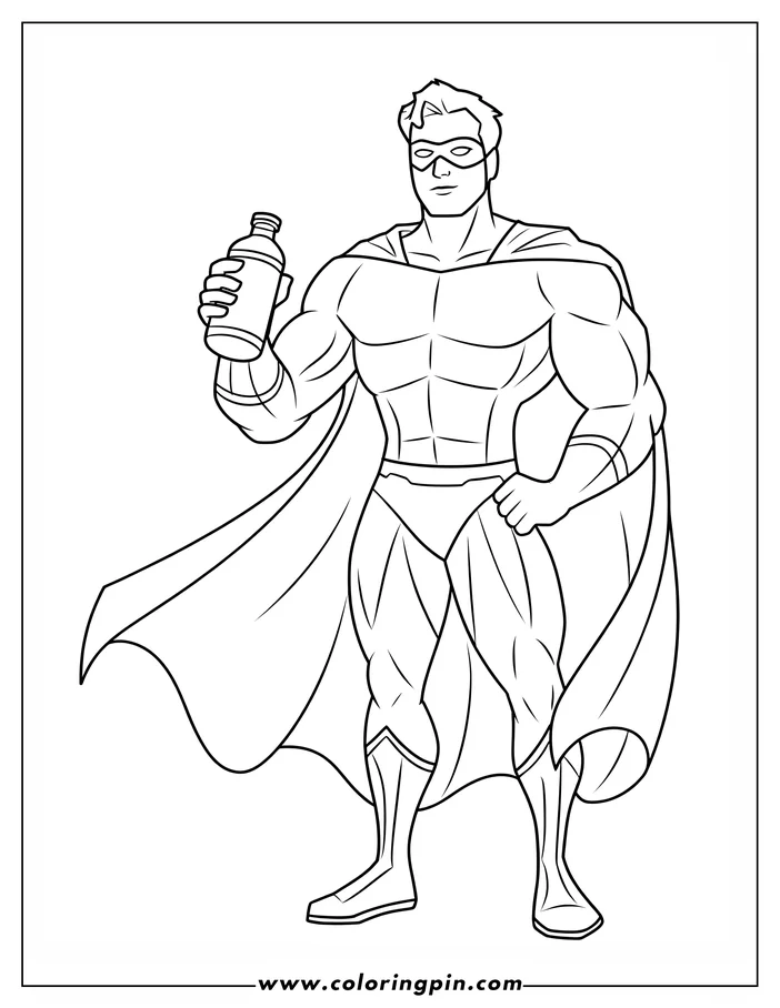 Line art of a superhero holding a bottle. He wears a cape and mask.