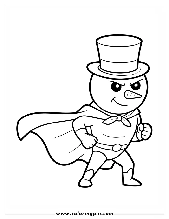 Line art of a snowman dressed as a superhero, wearing a top hat and cape.