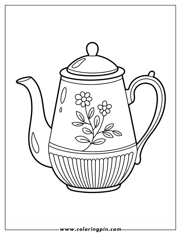 Line drawing of a teapot decorated with a floral pattern. It has a lid, spout, and handle.