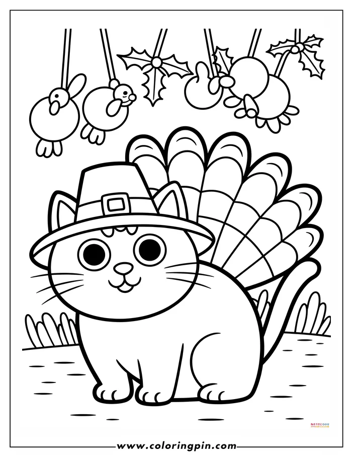 A Thanksgiving coloring page depicts a cat dressed as a turkey, wearing a pilgrim hat with turkey feathers attached to its back.  Above, simple bird ornaments and holly sprigs hang.  This line art is ready for coloring.
