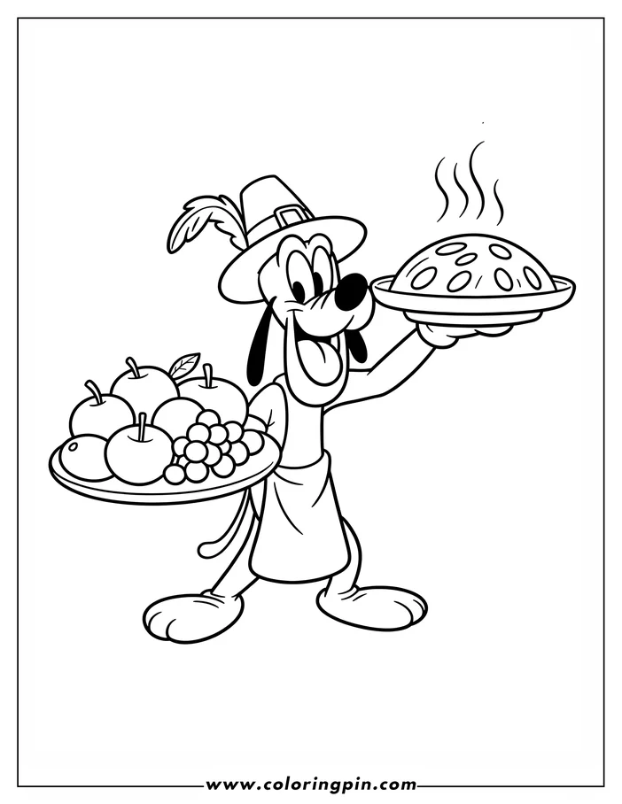 Line art of a cartoon dog, dressed as a pilgrim, holding a plate of fruit and a steaming pie in a Thanksgiving theme. This is a coloring page design.