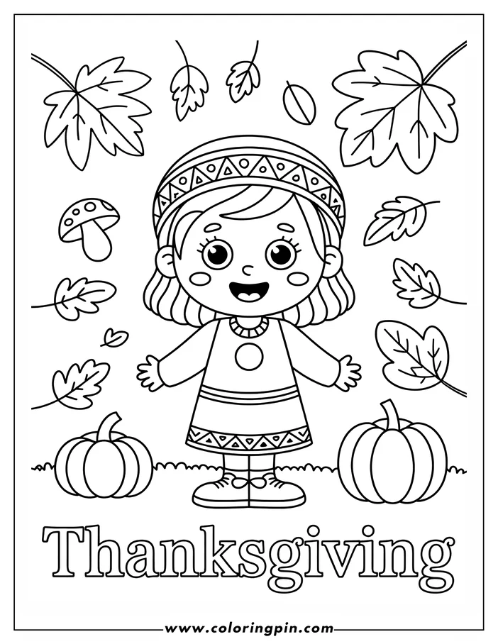 A line art drawing of a girl in a Thanksgiving outfit, ready for coloring. She's smiling and surrounded by pumpkins, autumn leaves, and a mushroom. The word 'Thanksgiving' is written at the bottom.