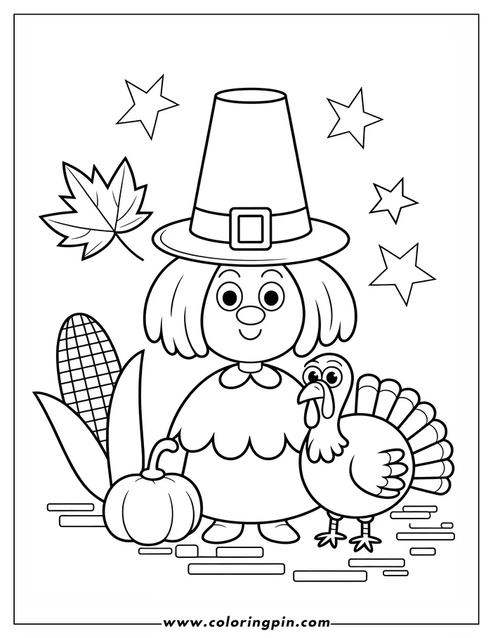 Line art depicting a Thanksgiving scene with a girl in a Pilgrim hat standing beside a turkey.  A pumpkin, corn, maple leaf, and stars complete this coloring sheet design.