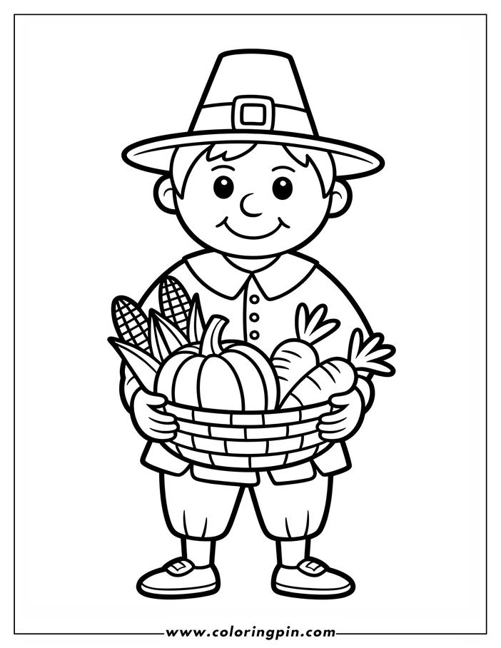 Line art of a Thanksgiving pilgrim holding a basket filled with a pumpkin, corn, and carrots. The pilgrim wears a hat and simple clothing. This is a coloring sheet design, perfect for a Thanksgiving activity.