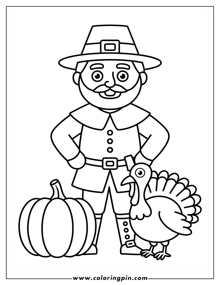 Line art of a Thanksgiving scene featuring a pilgrim standing with his hands on his hips. Beside him is a turkey and a pumpkin. This simple drawing is ready to be colored in.