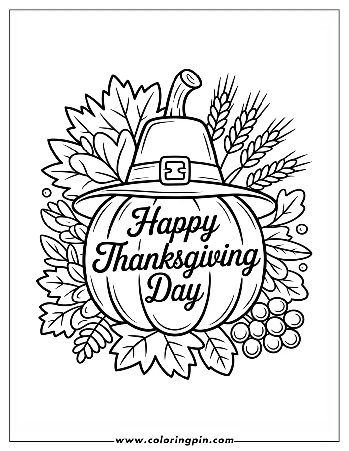 Line art of a Thanksgiving pumpkin with a pilgrim hat surrounded by fall leaves, wheat, and berries. The pumpkin has "Happy Thanksgiving Day" written on it, perfect for coloring and celebrating.
