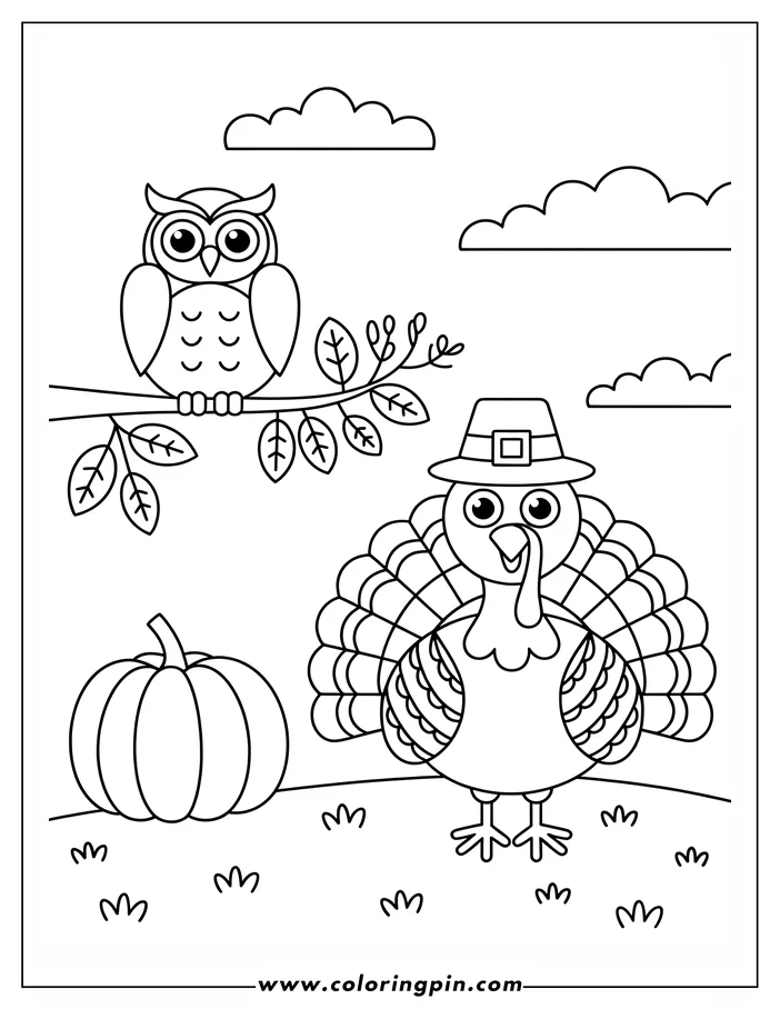 Line art of a Thanksgiving turkey wearing a pilgrim's hat, standing near a pumpkin. An owl sits on a branch in the background. This is a coloring page design.