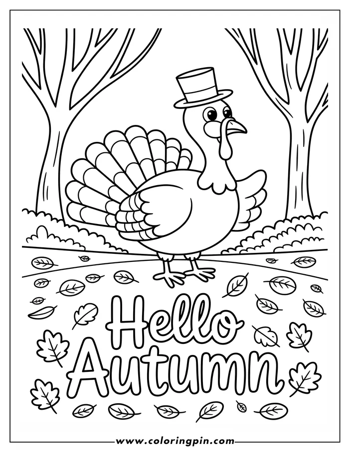 Line art of a Thanksgiving turkey wearing a top hat, standing amidst fallen leaves in an autumnal setting. The words 'Hello Autumn' appear below, creating a festive coloring page design.