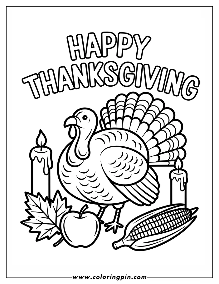 Line art of a Thanksgiving-themed coloring page. A large, detailed turkey sits between two lit candles, with a maple leaf, an apple, and an ear of corn arranged in front. Perfect for holiday coloring activities.