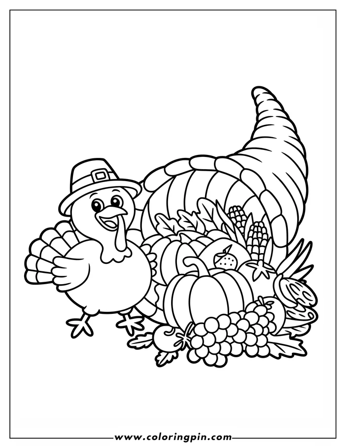 Line art of a Thanksgiving turkey with a pilgrim hat next to a cornucopia overflowing with pumpkins, corn, grapes, and other fall harvest vegetables, ready for coloring.