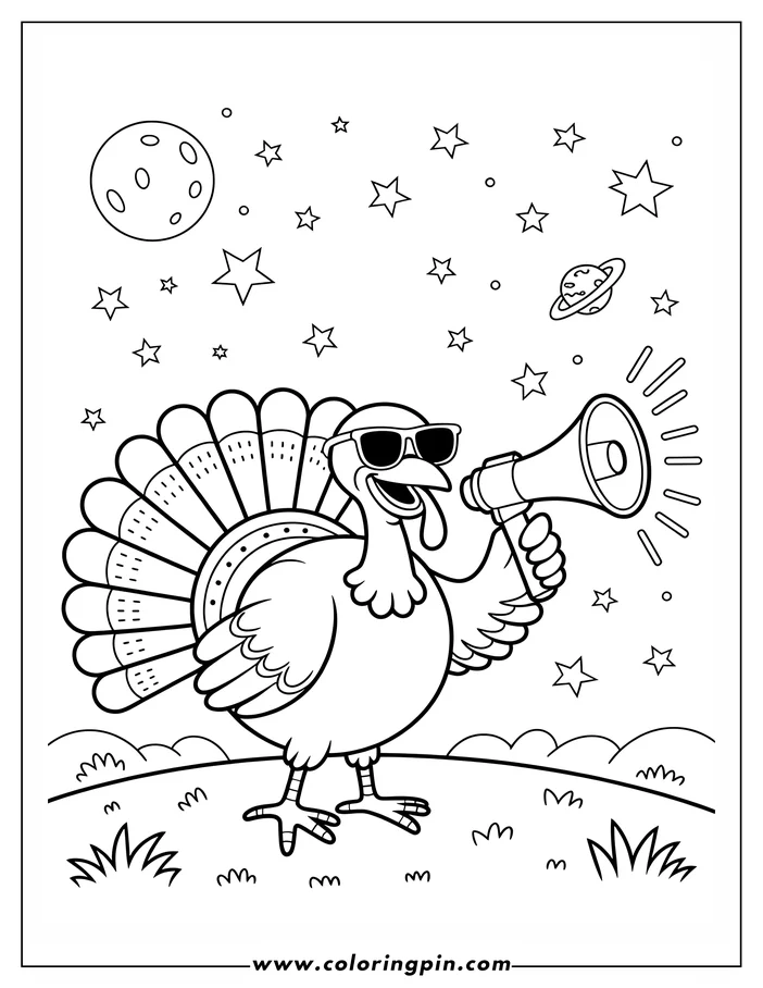 Line art of a Thanksgiving turkey holding a megaphone, wearing sunglasses, against a starry night sky with a moon and planet. This coloring sheet design captures a fun and festive scene.