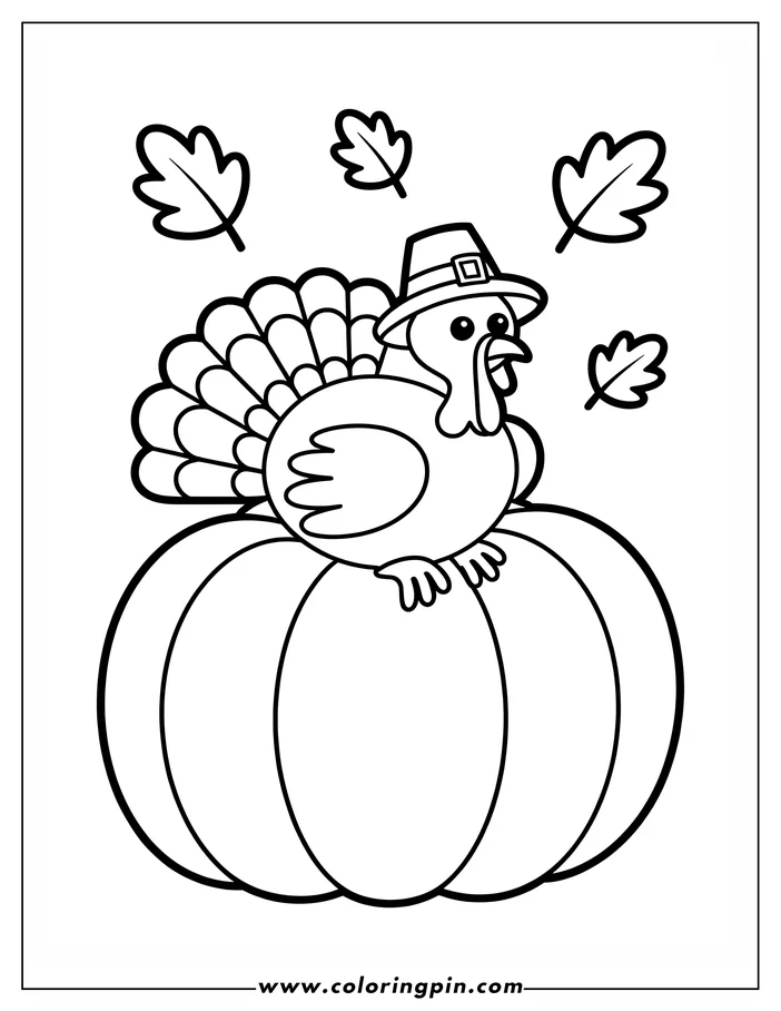 Line art of a Thanksgiving turkey sitting on a pumpkin. The turkey wears a pilgrim's hat and has a large, fanned tail.  Autumn leaves surround the turkey and pumpkin, creating a festive scene in this coloring sheet design.