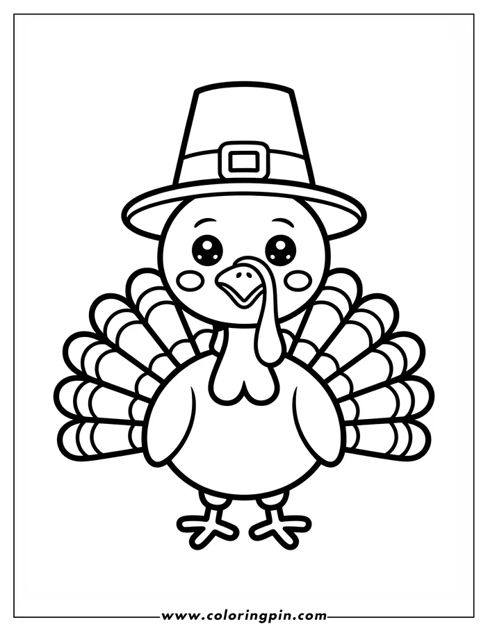 Simple, cute line art of a Thanksgiving turkey wearing a pilgrim's hat, its tail feathers fanned out, designed as a coloring sheet.