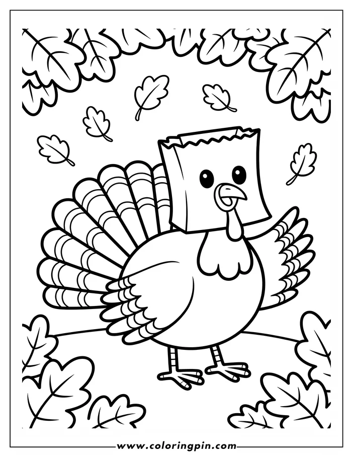 Line art of a Thanksgiving turkey with a paper bag over its head, surrounded by falling autumn leaves. This is a coloring page design.