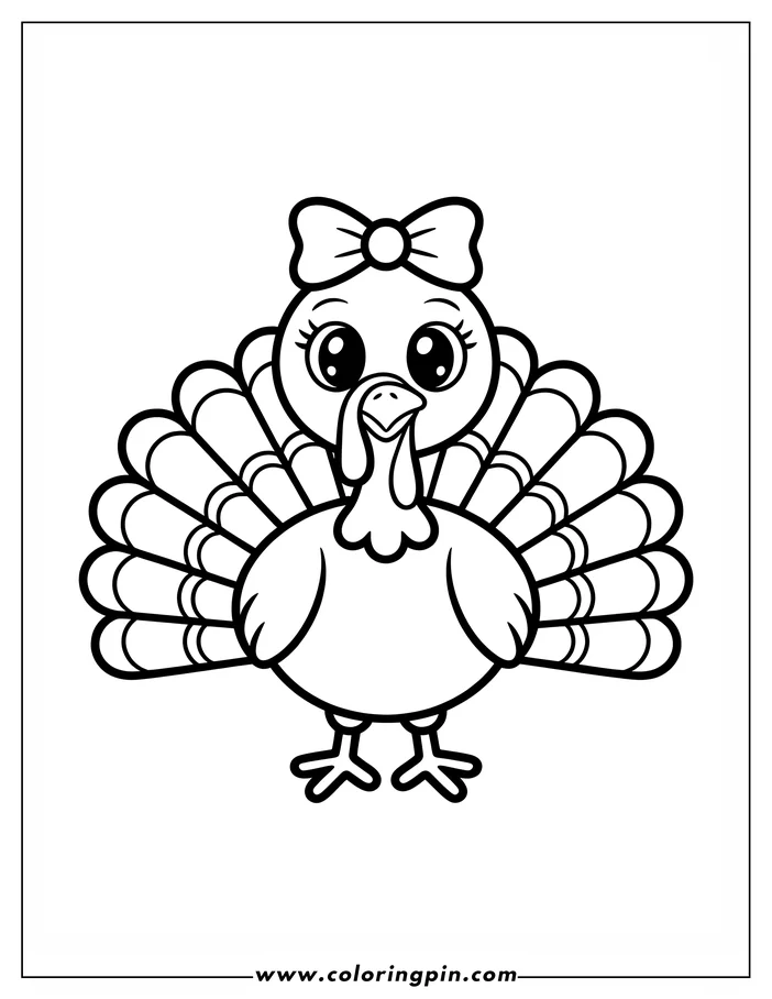 Simple line art of a Thanksgiving turkey wearing a bow, with large, friendly eyes and fanned-out tail feathers.  A cheerful coloring sheet design for kids.