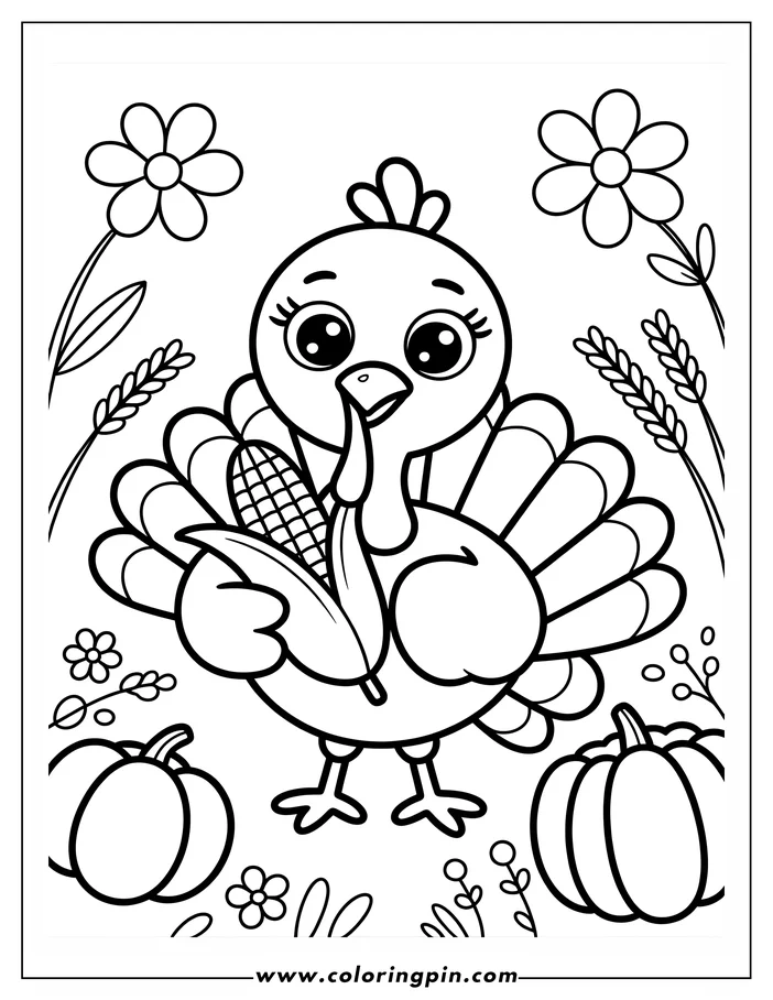 Simple drawing of a Thanksgiving turkey holding an ear of corn, surrounded by pumpkins, flowers, and wheat, designed as a coloring page.