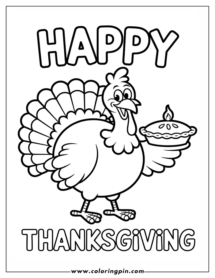 Line art of a Thanksgiving turkey holding a pie. The turkey is smiling and has large tail feathers. The pie has steam coming out of it. This is a coloring page design.