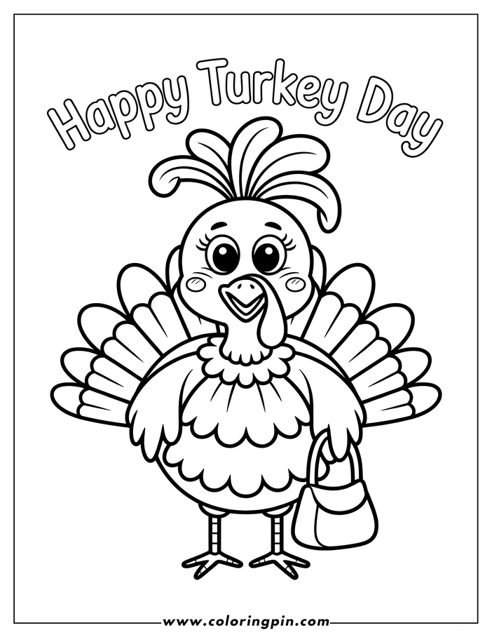 Line art of a Thanksgiving turkey holding a purse. The turkey has large eyes, a fanned tail, and a simple design suitable for coloring.