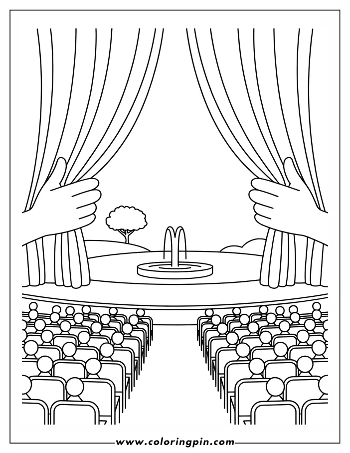 Line drawing of a theater scene with an audience and fountain. Hands hold open the stage's curtains, revealing a central fountain with a small tree in the background and rows of seated people in the foreground.