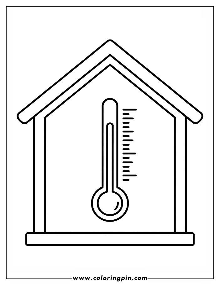 Outline of a thermometer displayed within the frame of a simple house shape.