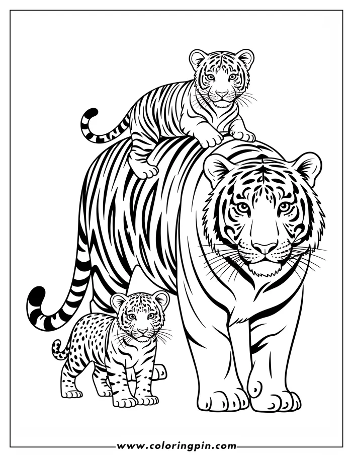 Line art of a mother tiger with two cubs. One cub sits on her back, while a spotted cub stands near her feet.